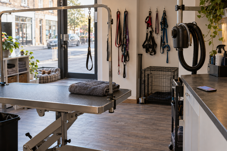 A small dog grooming salon at the end of the day, the table wiped down and the leads hung up.